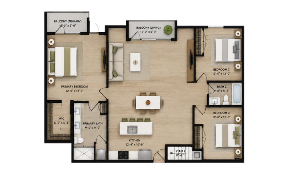 Piper - 3 bedroom floorplan layout with 2 bathrooms and 1407 square feet